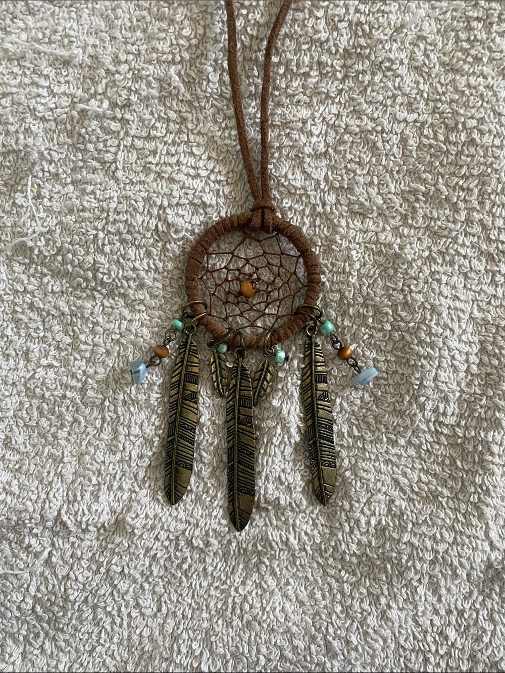 Brown Dreamcatcher Necklace with Brass Feather Charms